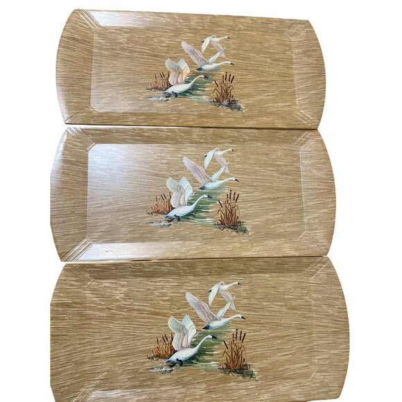 Vintage 50s Set of 8 Coronet Haskelite Wooden Lap Buffet Trays Geese Swans - Picture 2 of 7